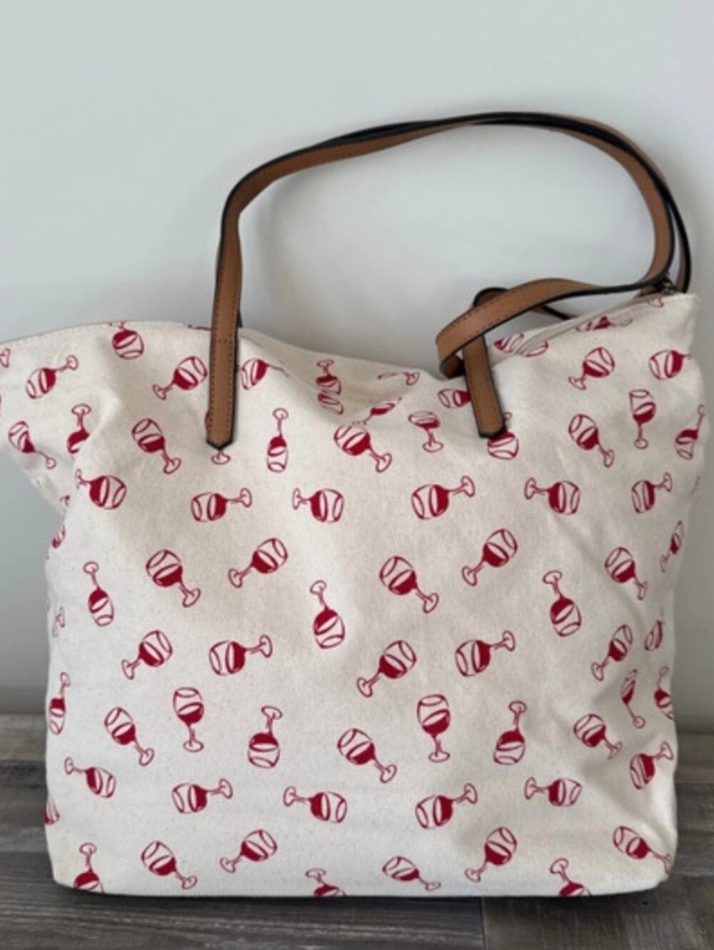Sonoma Canvas Wine Glass Print Tote Bag with Leather Straps - Cream & Red